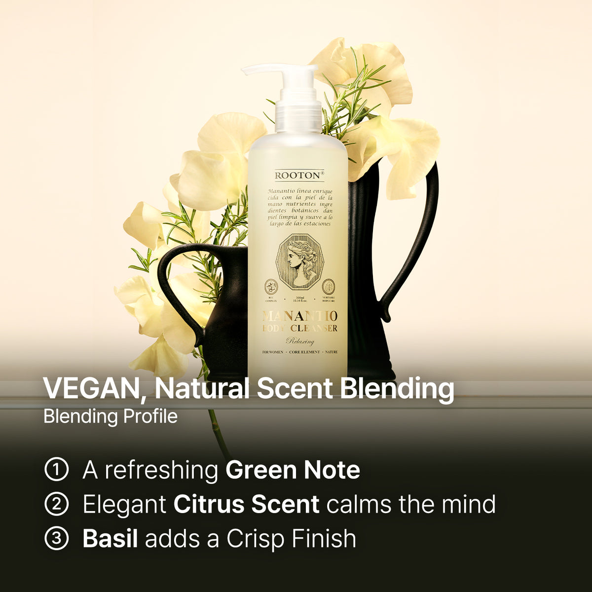ROOTON Manantio™ Vegan Body Cleanser 10.14 fl.oz (300ml) – Women Soothing & Hydrating Vegan Formula with Centella & Oat Extract